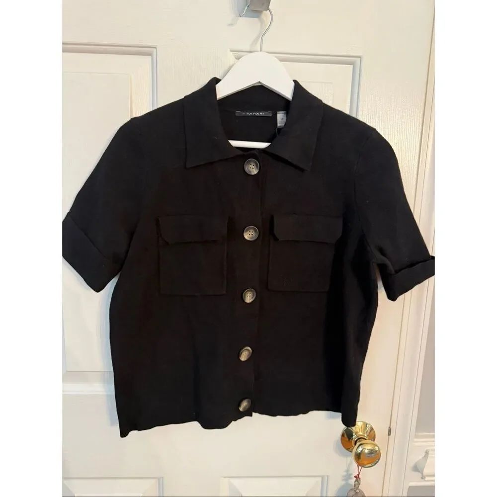 T Tahari Black Short Sleeve Johnny Collar Cardigan Sweater Sz S NWT